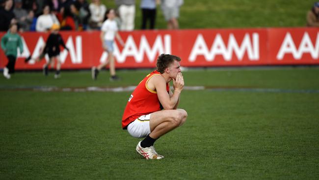 SFNL: Bendigo Bank Division 1 Senior, Grand Final: Cheltenham Seniors vs Dingley Seniors at RSEA Park, Moorabbin, Victoria, Sunday 22nd September 2024.  Devastated Dingley player Caleb Lewis after the siren. Picture: Andrew Batsch