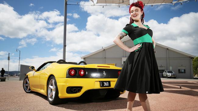 Billie Rocka with a 2003 Ferrari 360 Spider ahead of the Take Your Tops Off car event, which raises funds for the National Breast Cancer Foundation. Picture: SAM ROSEWARNE