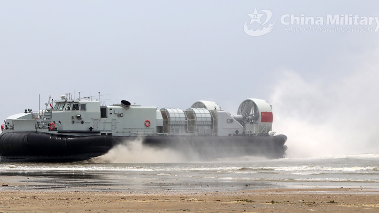 A landing craft air cushion (LCAC) attached to a naval landing ship group under the PLA Southern Theater Command dashes to the beach-head during a beach landing training exercise on May 7, 2024. Picture: PLA/eng.chinamil.com.cn/Gu Yagen