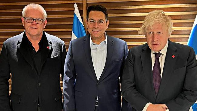 Former prime minister Scott Morrison in Israel with UN ambassador Danny Danon and former British prime minister Boris Johnson. Picture: Twitter