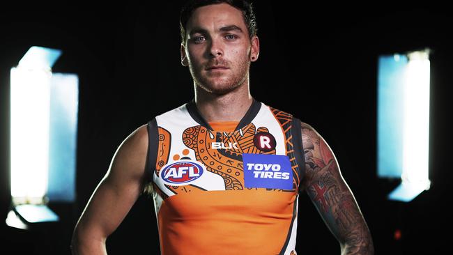 Portrait of GWS Giants indigenous player Nathan Wilson in their Indigenous Round jumper. Picture. Phil Hillyard