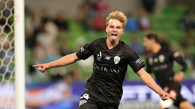 Rylan Brownlie Roar celebrates scoring a goal for the Roar in December, 2023. Picture: Getty Images