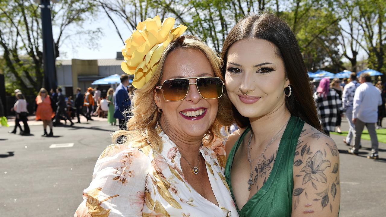 Caulfield Guineas horse race meeting, Caulfield, Victoria, Saturday 12th October 2024. Faces in the crowd. Pictured enjoying the race meeting are Simone and Zoe. Picture: Andrew Batsch