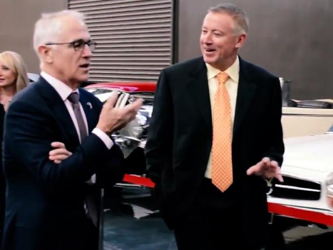 Former Prime Minister Malcolm Turnbull with Tony Denny at the millionaire property developer's Gosford Classic Car Museum where Mr Turnbull celebrated his 62nd birthday.