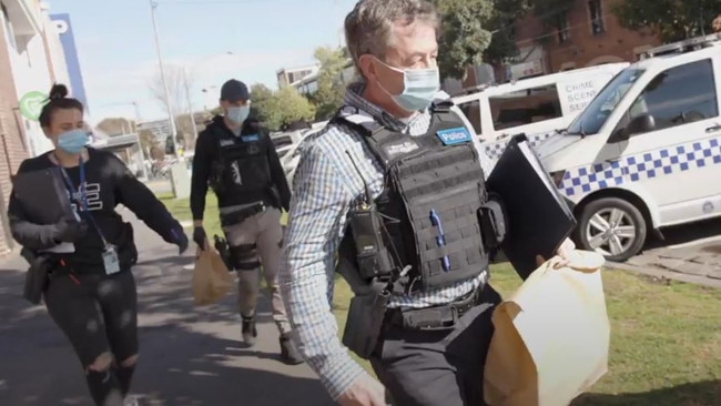 Victoria Police at the scene of the raids in Melbourne’s southeastern suburbs.