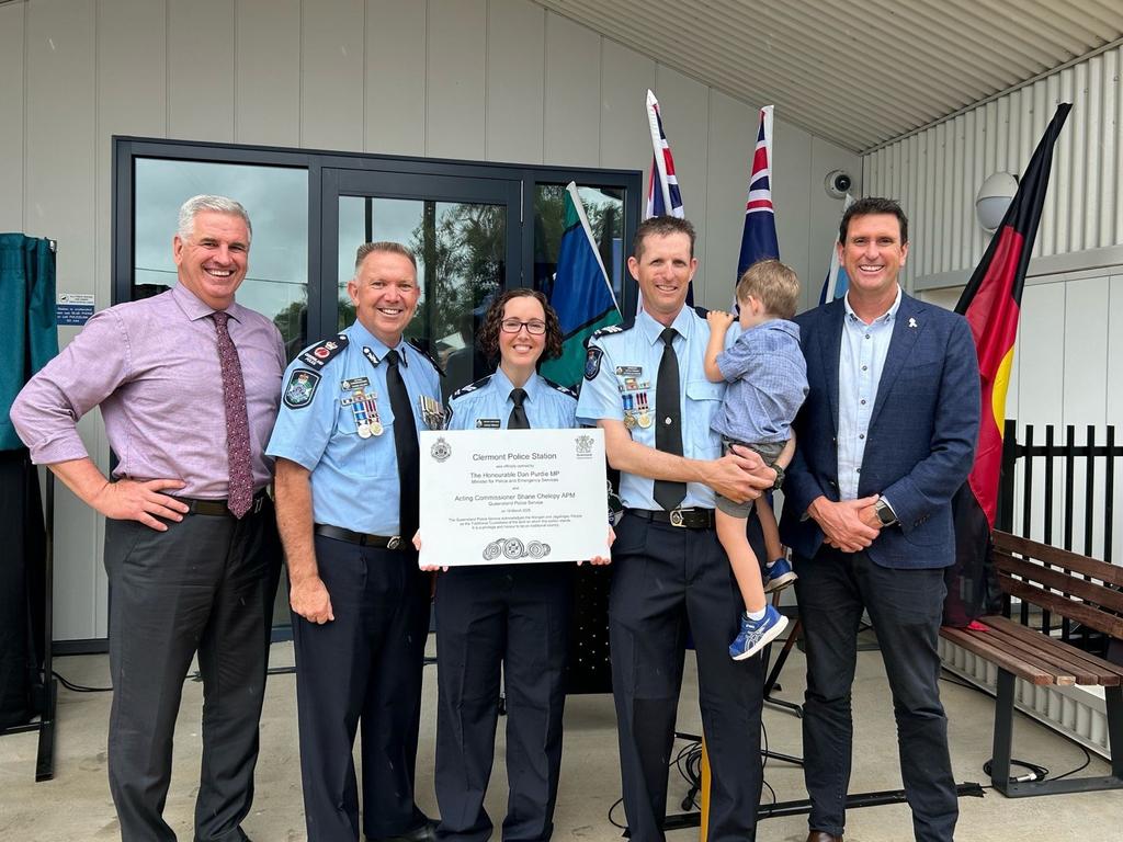 Regional and Rural Development Minister Dale Last, Acting Commissioner Shane Chelepy, Senior Constable Danae French, Officer in Charge Sergeant Steve French, son Jaimie, and Police Minister Dan Purdie at the official opening of the new Clermont Police Station on March 19, 2025.