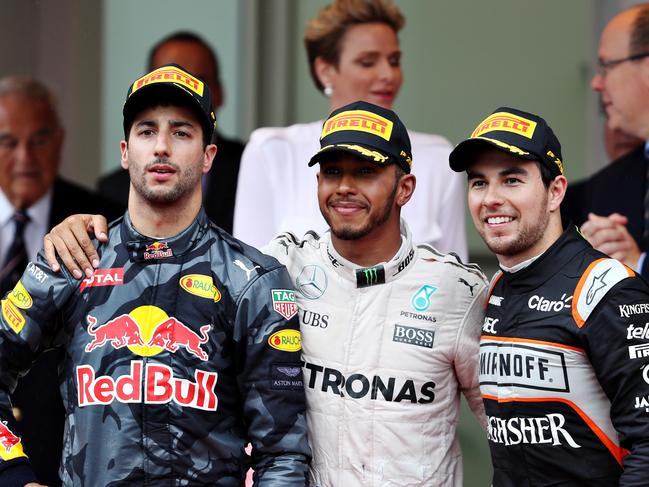 Daniel Ricciardo, Lewis Hamilton and Sergio Perez.