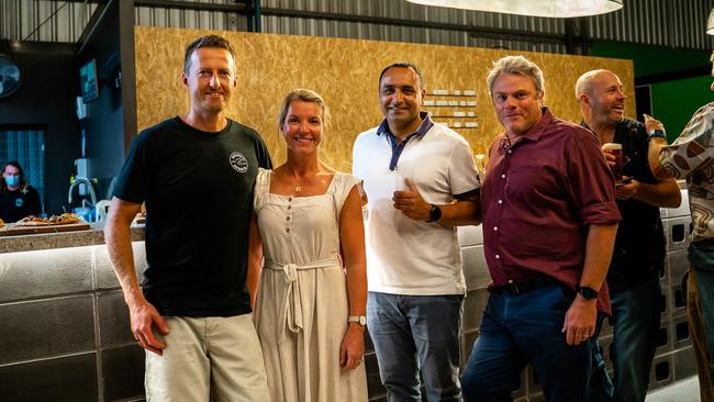 Ryan Poole, Sarah Poole, Gurmesh Singh and Aaron Dobner catch up at the opening of Woolgoolga Brewing Company on Saturday. Picture: Keri Dowling