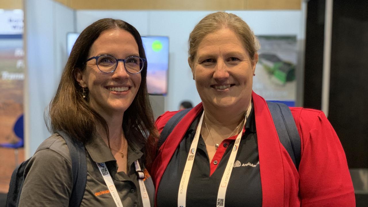 Geologists Ashley James (left) and Georgina Rees at the Bowen Basin Symposium. Picture: Duncan Evans