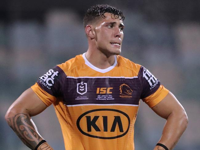 CANBERRA, AUSTRALIA - AUGUST 15: Xavier Coates of the Broncos looks dejected after losing the round 14 NRL match between the Canberra Raiders and the Brisbane Broncos at GIO Stadium on August 15, 2020 in Canberra, Australia. (Photo by Matt King/Getty Images)