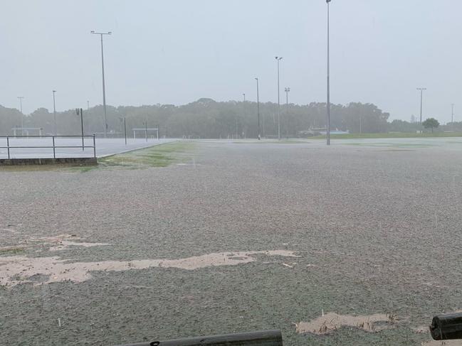 Flooding at Mallawa Sports Complex, Elanora on December 17 at 11.50am Photo: Scott Powick