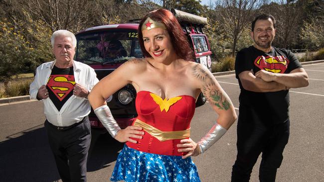 Gary Mangan from Bendigo Bank Galston branch and Leo Stanton from Stanton Building Consulting Services are donating to Variety. Dani Rose, aka, Wonder Woman, took part in her 9th Variety Bash. Picture: Julian Andrews