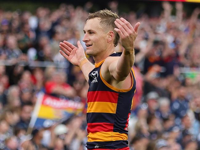 ADELAIDE, AUSTRALIA - MAY 03: Jordan Dawson of the Crows celebrates a goal during the 2025 AFL Round 08 match between the Adelaide Crows and the Carlton Blues at Adelaide Oval on May 3, 2025 in Adelaide, Australia. (Photo by Sarah Reed/AFL Photos via Getty Images)