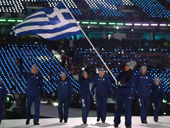 Flag bearer Sophia Ralli of Greece leads the team during the Opening Ceremony of the PyeongChang 2018 Winter Olympic Games. Picture: Getty