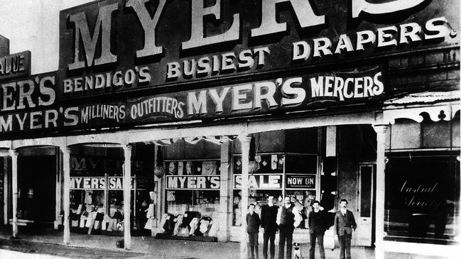 The late Sidney Myer (3rd from left) outside the first Myer shop at Bendigo circa 1910. Picture: Historical image.