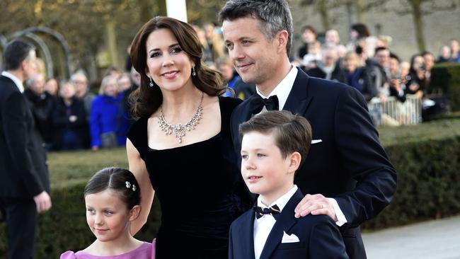 Danish Crown Prince Frederik, Crown Princess Mary, Prince Christian and Princess Isabella arrive for the Queen's birthday event at the Concert Hall Aarhus on April 8, 2015. AFP PHOTO / Scanpix Denmark / KIM HAUGAARD / DENMARK OUT
