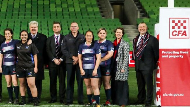 CFA and Rugby Victoria announce formal partnership. CFA people and culture executive director Liz Radcliffe pictured second from right. Picture: CFA