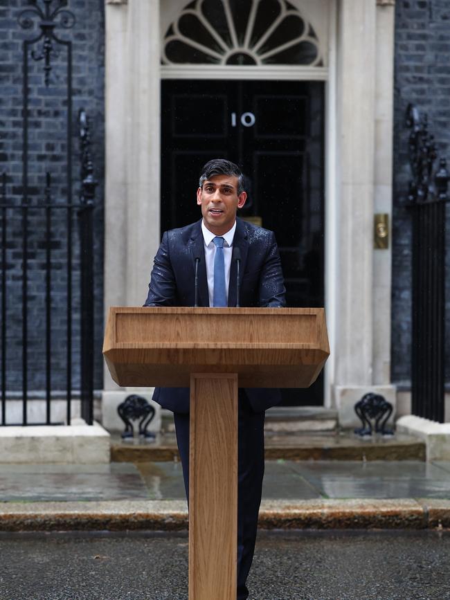 Rishi Sunak, announces the date for the UK General Election in drenching rain. Picture: Getty Images.