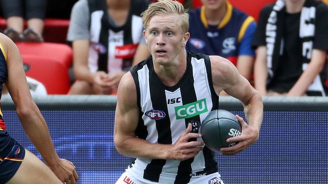 Jaidyn Stephenson made his first appearance in black and white in the AFLX competition on Thursday night. Picture: Calum Robertson