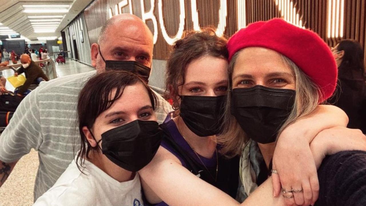 Australians Kelly and Luke Fogarty and their daughters Emmy, 15 and Belle, 14, reunited in Melbourne after she flew home from London 674 days later after Covid-19 lockdowns. Picture: Supplied, Courtesy of Kelly Fogarty