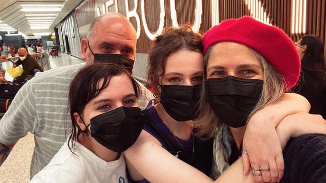 Australians Kelly and Luke Fogarty and their daughters Emmy, 15 and Belle, 14, reunited in Melbourne after she flew home from London 674 days later after Covid-19 lockdowns. Picture: Supplied, Courtesy of Kelly Fogarty