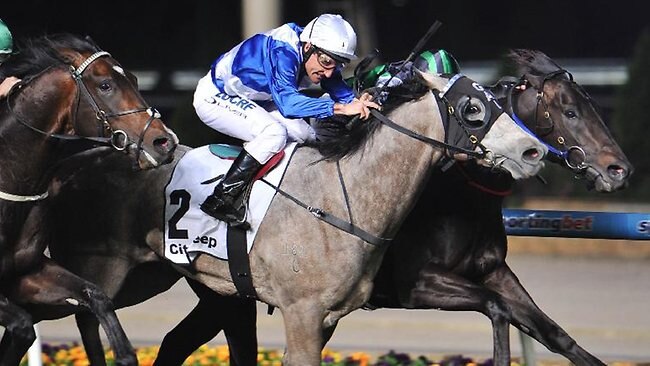 Damien Oliver wins on Divine Calling at Moonee Valley on Friday night.