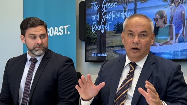 Mayor Tom Tate and Deputy Mayor Mark Hammel discuss council’s budget. Picture: Andrew Potts