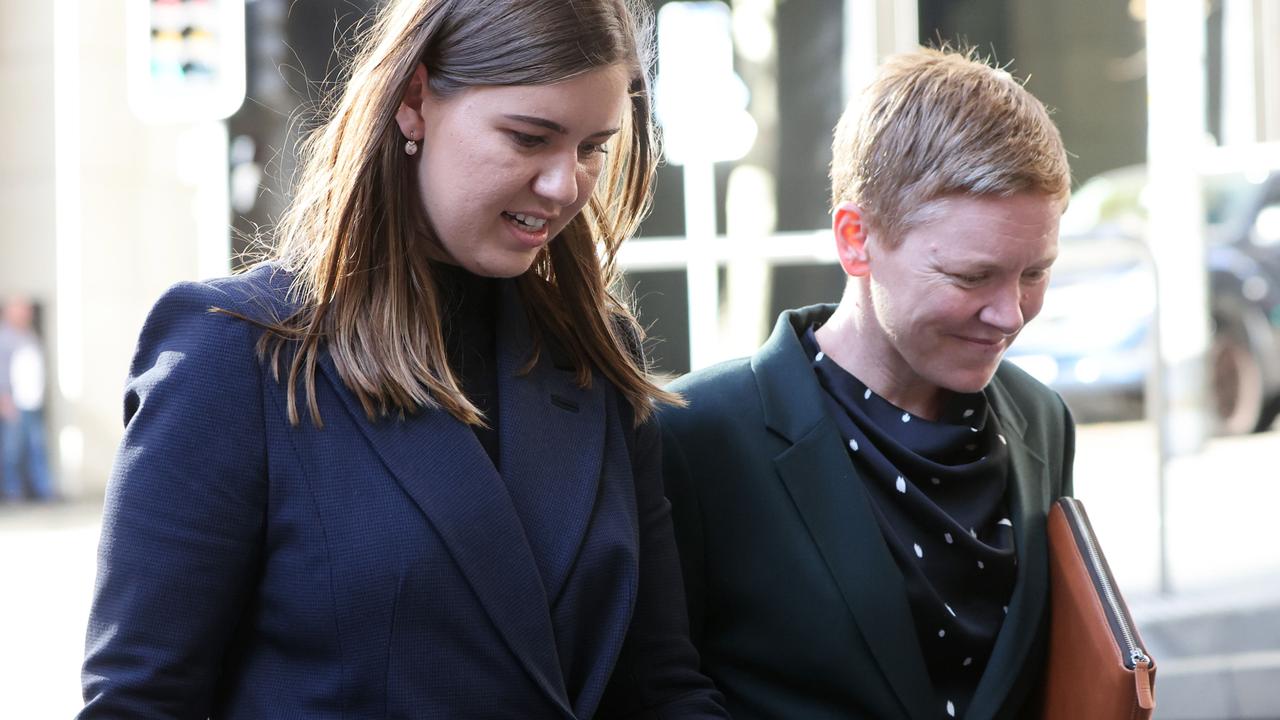 The former Liberal staffer (left) arrives at the Commonwealth Parliamentary Offices in Sydney with Heidi Yates (right), the Victims of Crime Commissioner for the ACT, for a meeting with Mr Morrison. Picture: NCA NewsWire/Damian Shaw