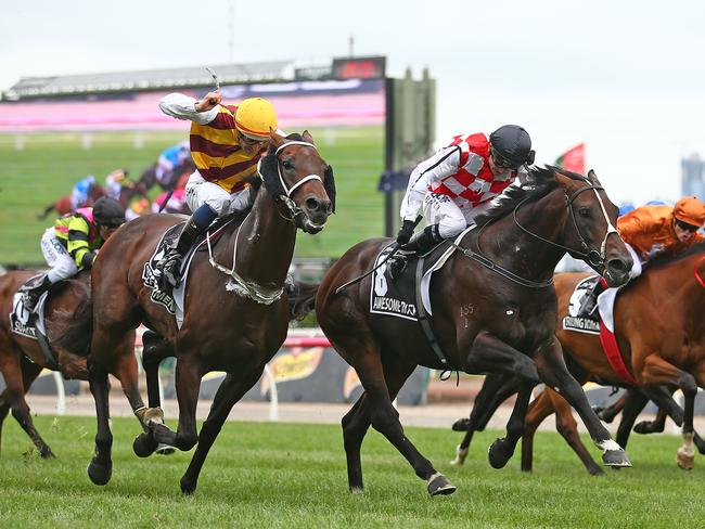 Preferment (left) and Awesome Rock fight out the finish of the Australian Cup before the result was decided in the protest room. Picture: AAP