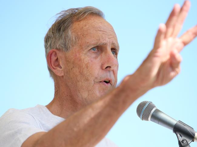 Bob Brown speaks to anti-Adani coal mine supporters during a rally at Clermont Showground on April 28, 2019. Picture:  Lisa Maree Williams/Getty Images