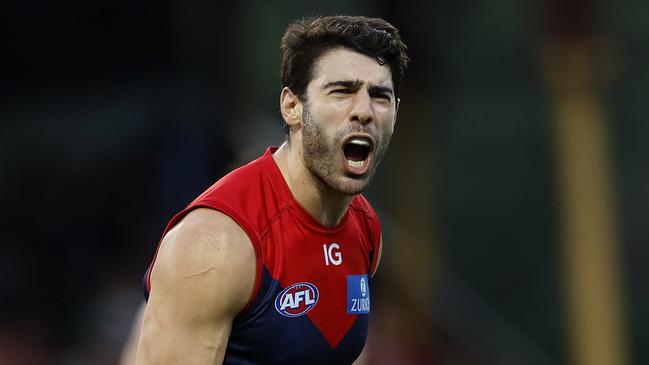 Melbourne's Christian Petracca celebrates a goal during the Round 24 AFL match between the Sydney Swans and Melbourne Demons at the SCG on August 27, 2023. Photo by Phil Hillyard(Image Supplied for Editorial Use only - **NO ON SALES** - Â©Phil Hillyard )