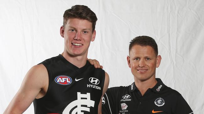 Carlton coach Brendon Bolton with No.1 draft pick Sam Walsh. Pic: Michael Klein