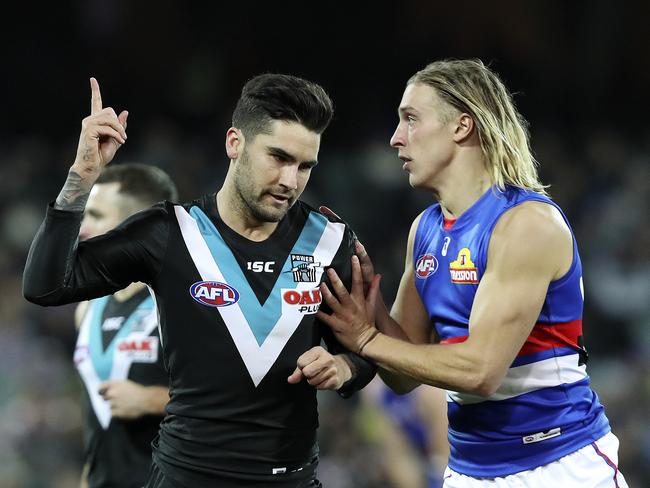 14/06/18 - AFL - Port Adelaide v Western Bulldogs at The Adelaide Oval. Chad Wingard celebrates his goal  - Roarke SMith Picture SARAH REED