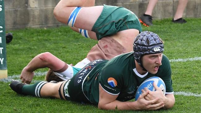 Randwick's Ryan Powter scoring a try on debut in the Shute Shield. Pic: Supplied.