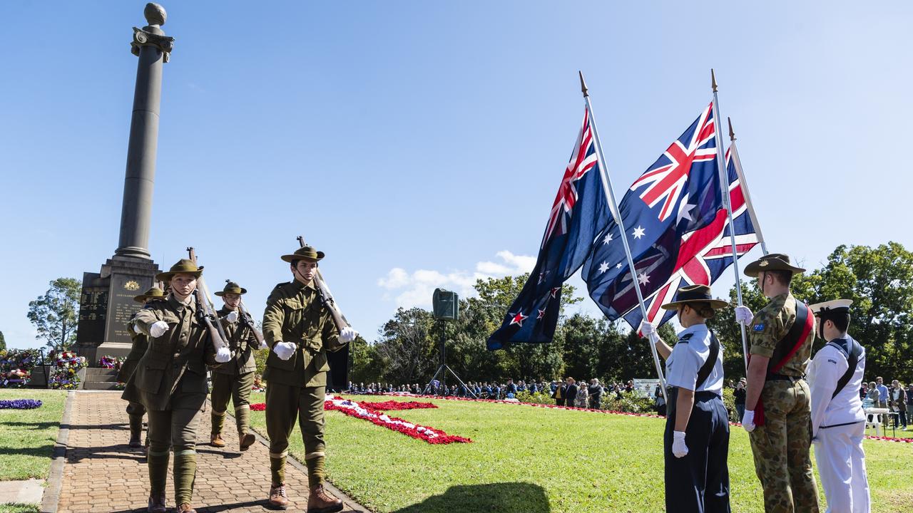 The Toowoomba Grammar School Honour Guard leaves the monument at the conclusion of the Anzac Day Toowoomba mid-morning Service of Remembrance at the Mothers' Memorial, Tuesday, April 25, 2023. Picture: Kevin Farmer