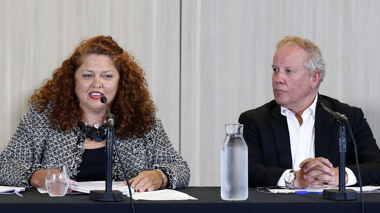 Collingwood board directors Jodie Sizer and Peter Murphy front the media in February after the release of the club’s ‘Do Better’ report.