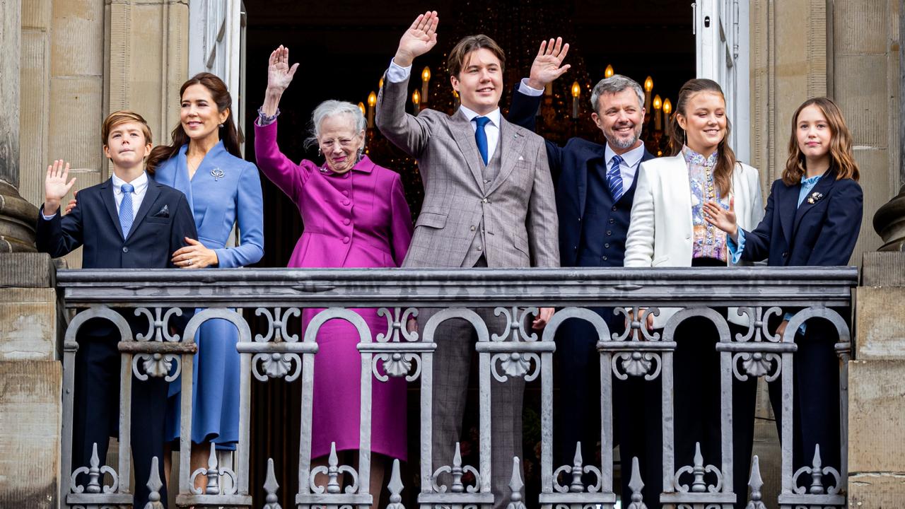 The family wave to the crowds from the balcony of Amalienborg Palace to celebrate the 18th birthday of H.K.H. Prince Christian. Picture: Patrick van Katwijk/Getty Images