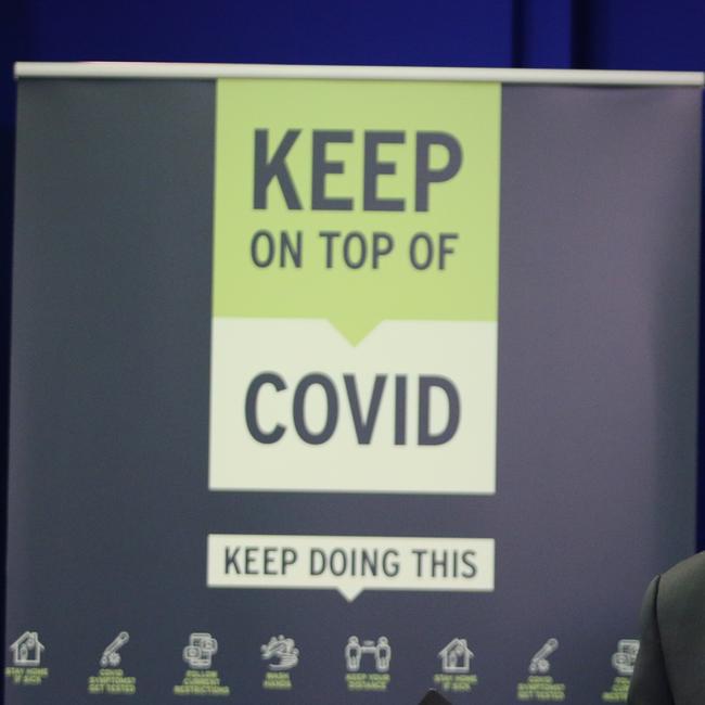 Signage at a Covid briefing in Hobart on Tuesday, August 17, 2021.