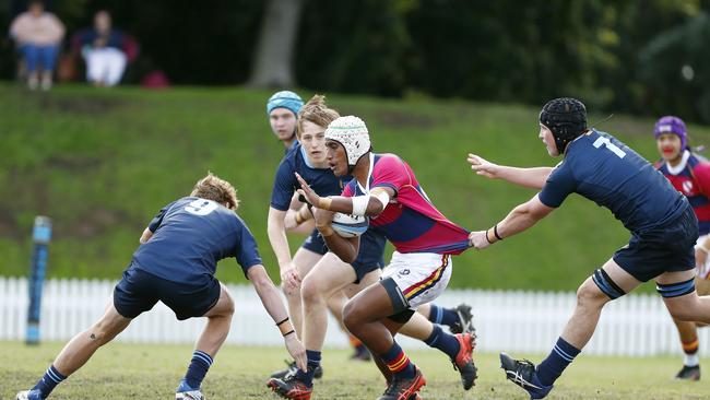 Action from the GPS First XV rugby match between Brisbane Grammar School and Brisbane State High School. Photo:Tertius Pickard