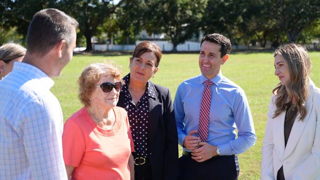 Townsville candidate Adam Baillie, crime victim Noeleen Hay, Thuringowa candidate Natalie Marr, Opposition Leader David Crisafulli and Shadow Youth Justice Minister Laura Gerber in Townsville.