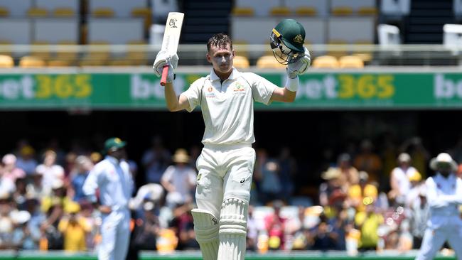 Marnus Labuschagne celebrates his maiden Test century. Picture: Getty