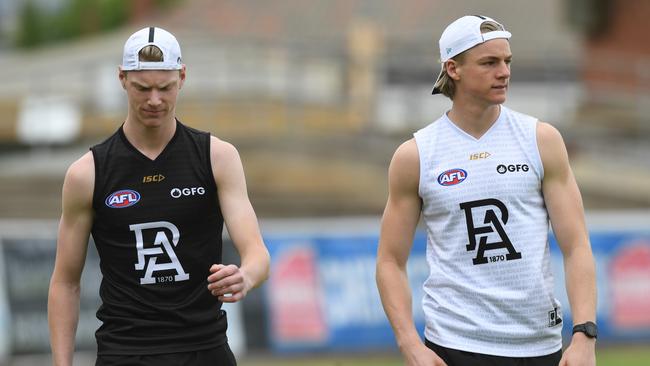 Port Adelaide draftees Jake Pasini (left) and Miles Bergman. Picture: Tricia Watkinson.