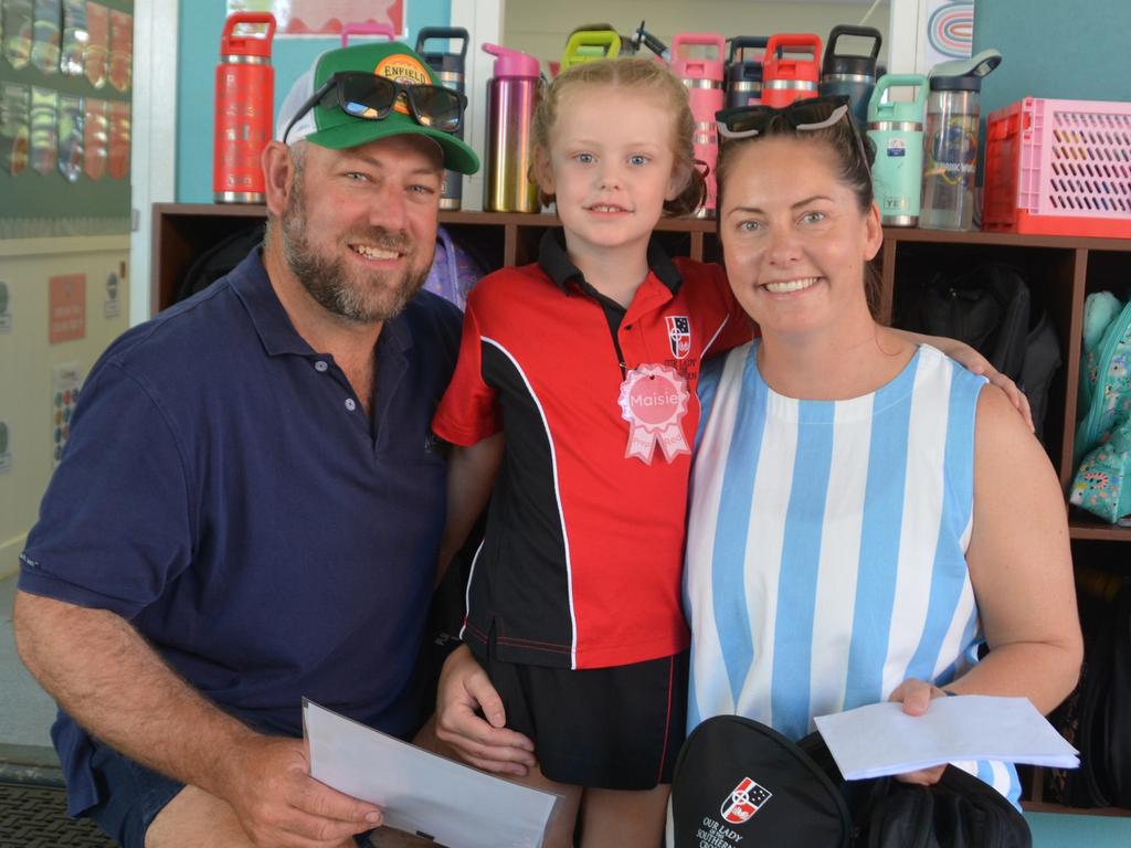 Matt, Maisie and Allyse on the first day of school at Our Lady of Southern Cross College