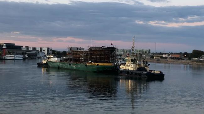 The 'City of Adelaide' clipper ship on its final journey as it is moved from Dock One to Dock Two in Port Adelaide. Picture: AAP Image/Roy VanDerVegt