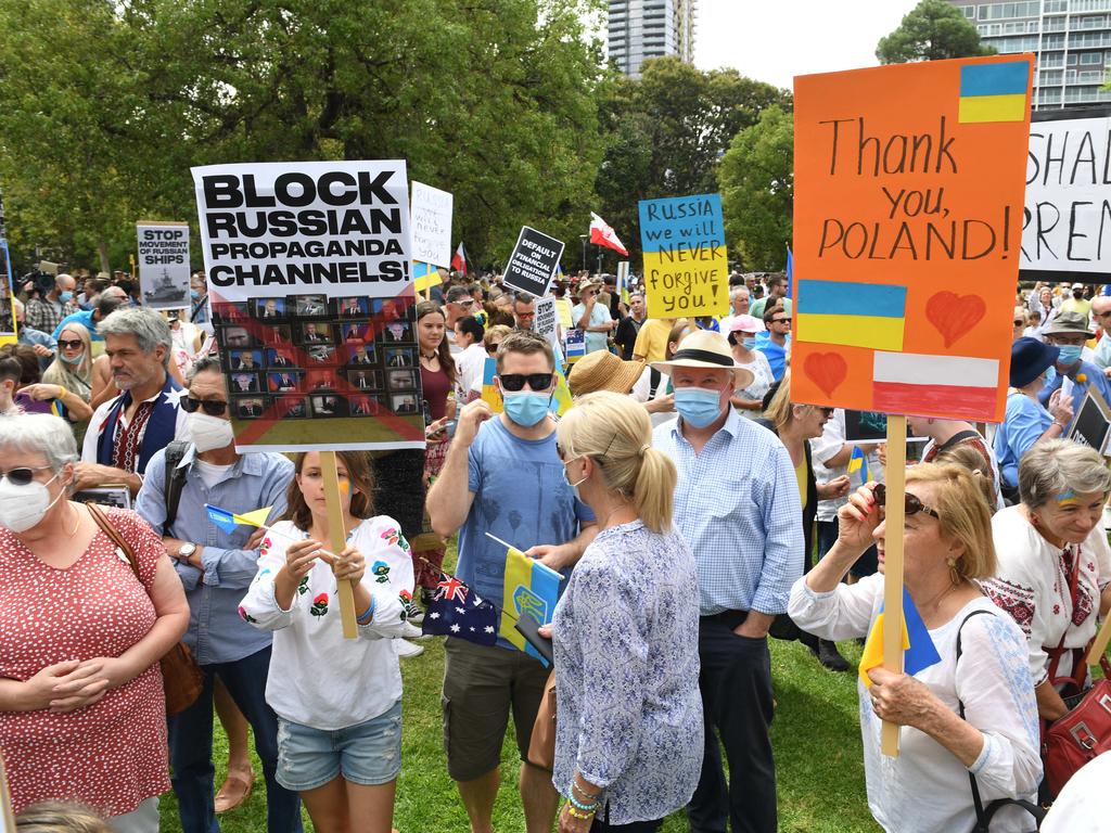 A large crowd gather in support of Ukraine on Hindmarsh Square in Adelaide on Sunday. Pictured on the 27 Feb, 2022. Picture: Tricia Watkinson.