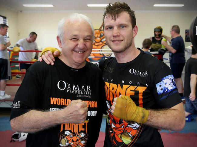 Champion boxer Jeff Horn with his biggest backer, Phil Murphy, at the Stretton gym in Brisbane’s south. Picture: Jamie Hanson