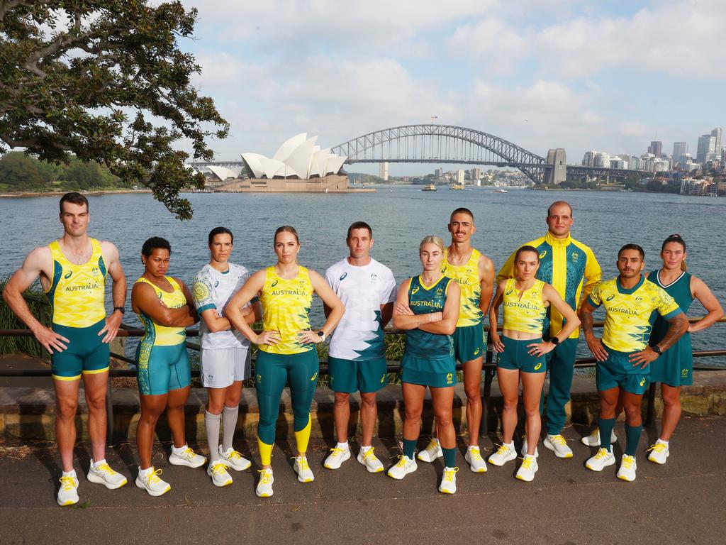 SYDNEY, AUSTRALIA - MARCH 07: Athletes pose during the Australian 2024 Paris Olympic Games ASICS Uniform Launch at Yurong Point (Mrs Macquarie's Chair) on March 07, 2024 in Sydney, Australia. (Photo by Mark Metcalfe/Getty Images)