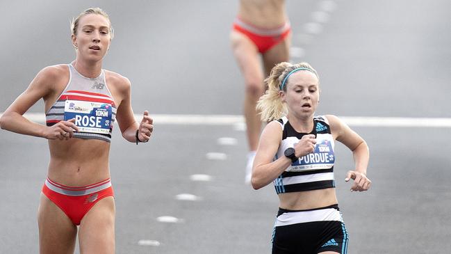 Rose Davies and Charlotte Purdue during the 10km Run the Bridge race in Hobart last month. Pic: Chris Kidd