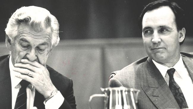 Bob Hawke and Paul Keating at a premiers conference in Parliament House, Canberra.