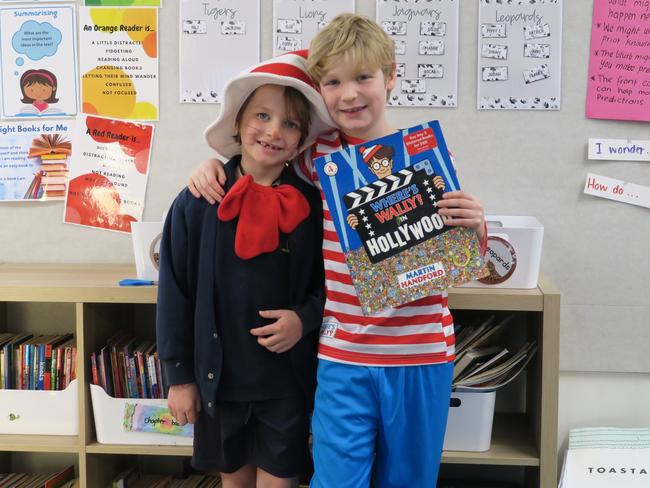 Arki Miles is the Cat in the Hat while Sonny Bolton is hard to find at Elwood Primary School as Wally. Picture: Gemma Scerri.